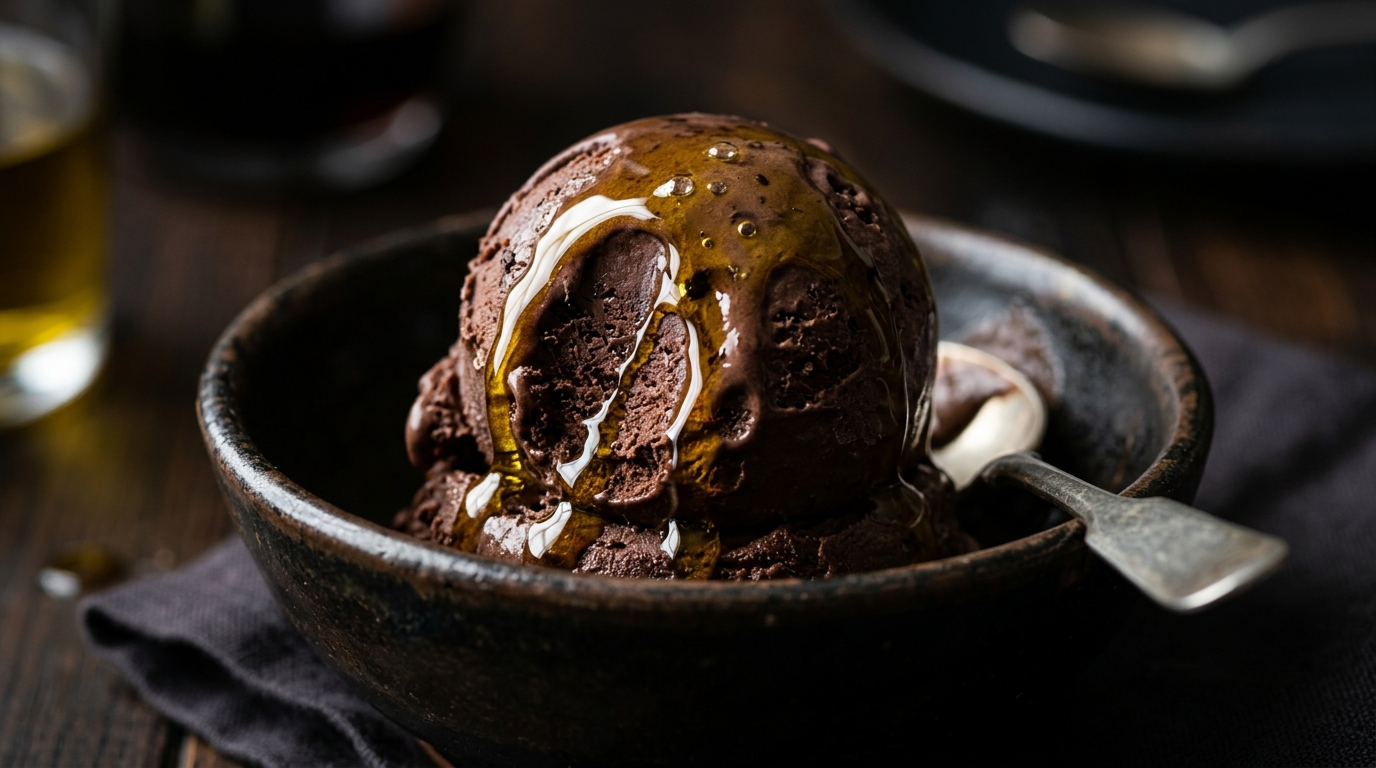 Rich dark chocolate olive oil ice cream scoop